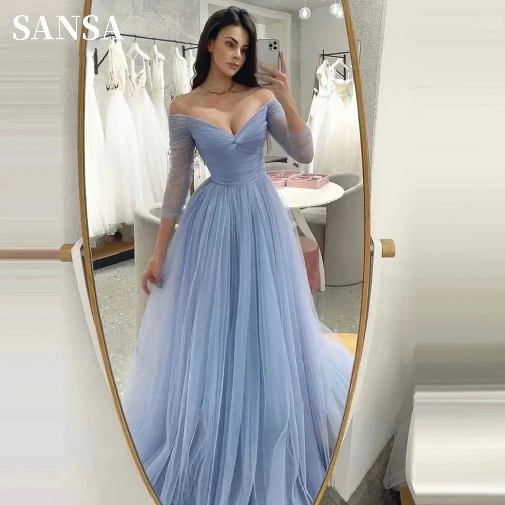 Sansa-vestido De tul De manga larga con hombros descubiertos, traje elegante hasta el suelo, color azul niebla