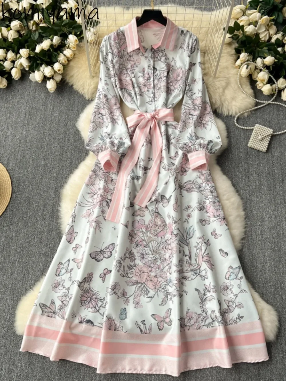 Contrast Print Vestidos Mujer 2025 Women Dresses  Lace-Up High Waist Dress Laple Lantern Long Sleeve Vestido Elegant Robes