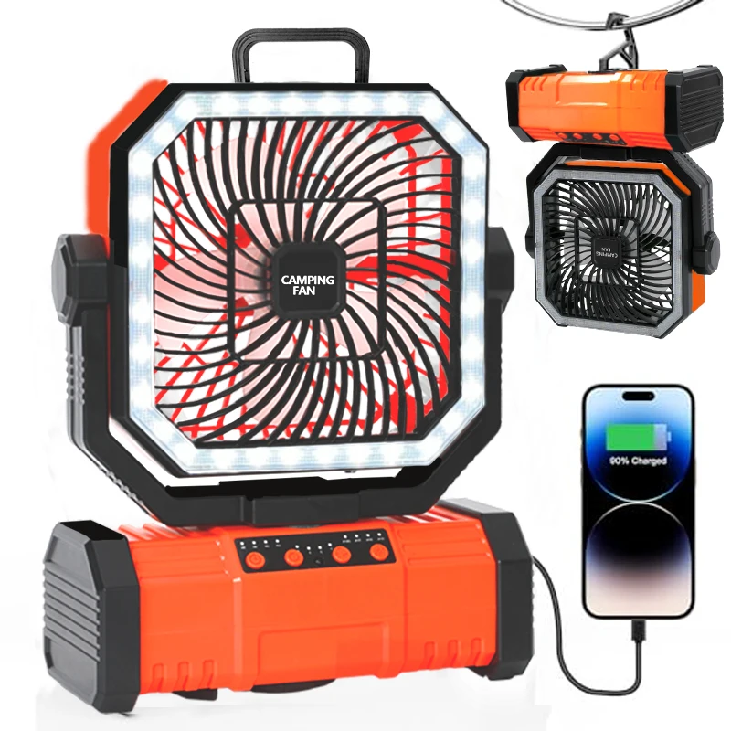 Outdoor Camping Fan 20000mAh Oplaadbare ventilator met LED-lantaarn en afstandsbediening voor vissen, reizen, 4 snelheden, 8 uur timer, ophanghaak
