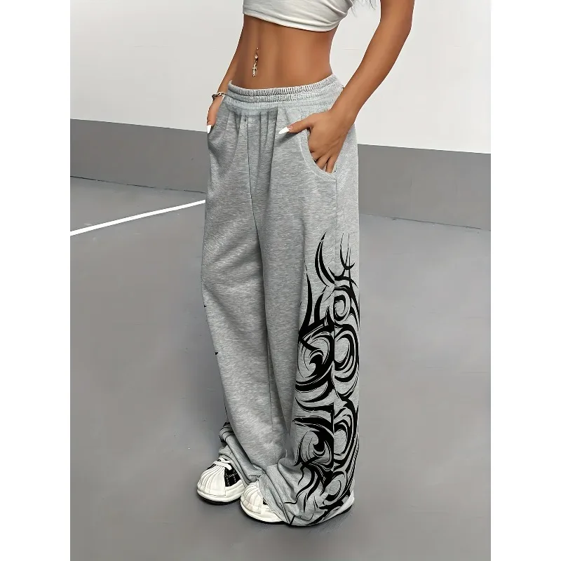 بنطال نسائي واسع الساق بطبعة جرافيتي ريترو - نمط كاجوال فضفاض مع جيوب نمط جديد لخريف وشتاء