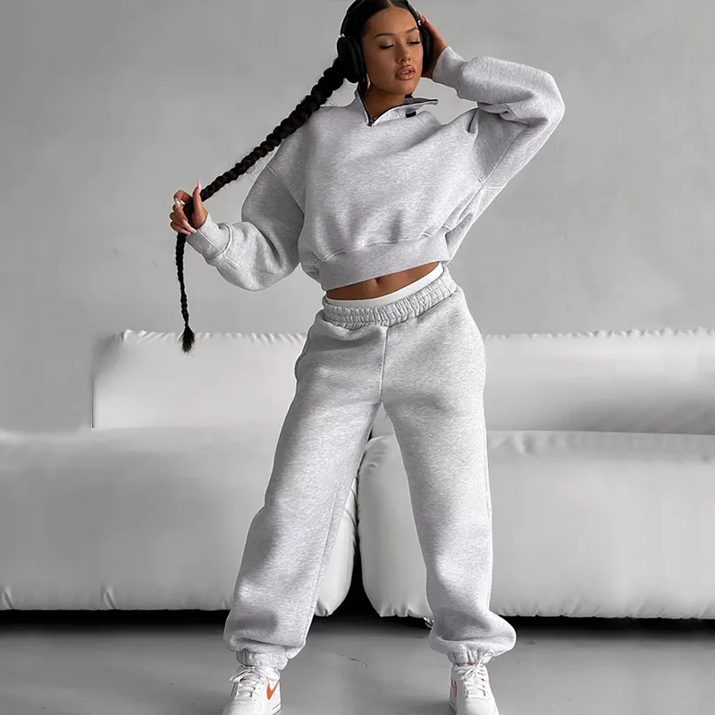 2024 New American Damen Casual Fashion Set Langarm Reiß verschluss Kragen Pullover Sport hose zweiteiliges Set