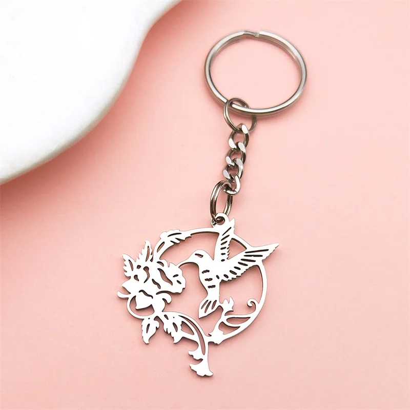 

Hollow Hummingbird Kiss Flower Key Chain Women Men Stainless Steel Silver Color Morning Glory Female Classic Keyring Jewelry