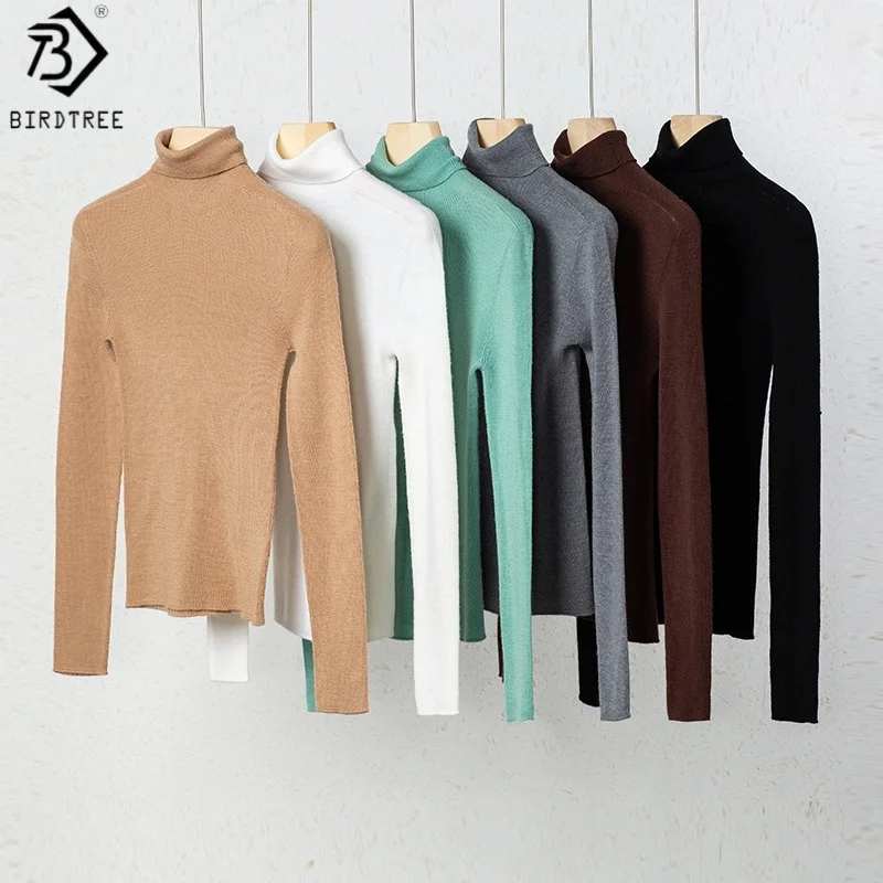 

Birdtree, трикотажная однотонная майка из 100% овечьей шерсти, женский свитер с воротником и длинными рукавами, осенне-зимний пуловер 2025 T59823JF