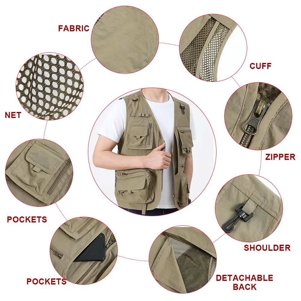 Oversized Men's Multi-Pocket Vest Casual Loose Plus Size Sleeveless Jackets Mesh Work Vest Photography Outdoor Fishing 100-135KG