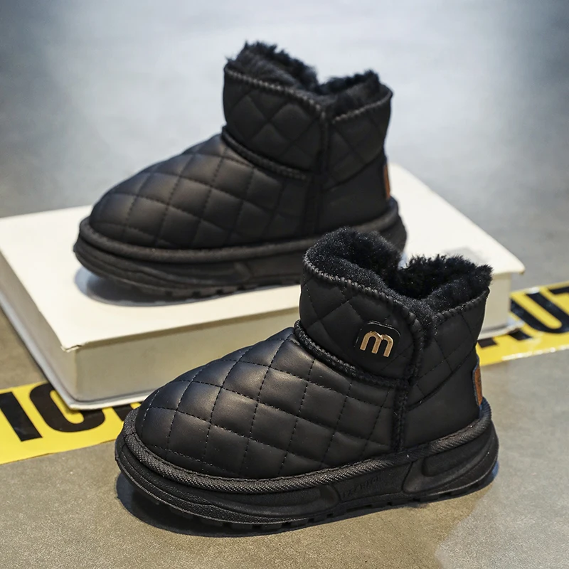 

Kids Winter Boots Warm Fleece Lined Black Pink Snow Shoes Anti Slip Sole Quilted Design for Girls Children Luxury Leather Boots