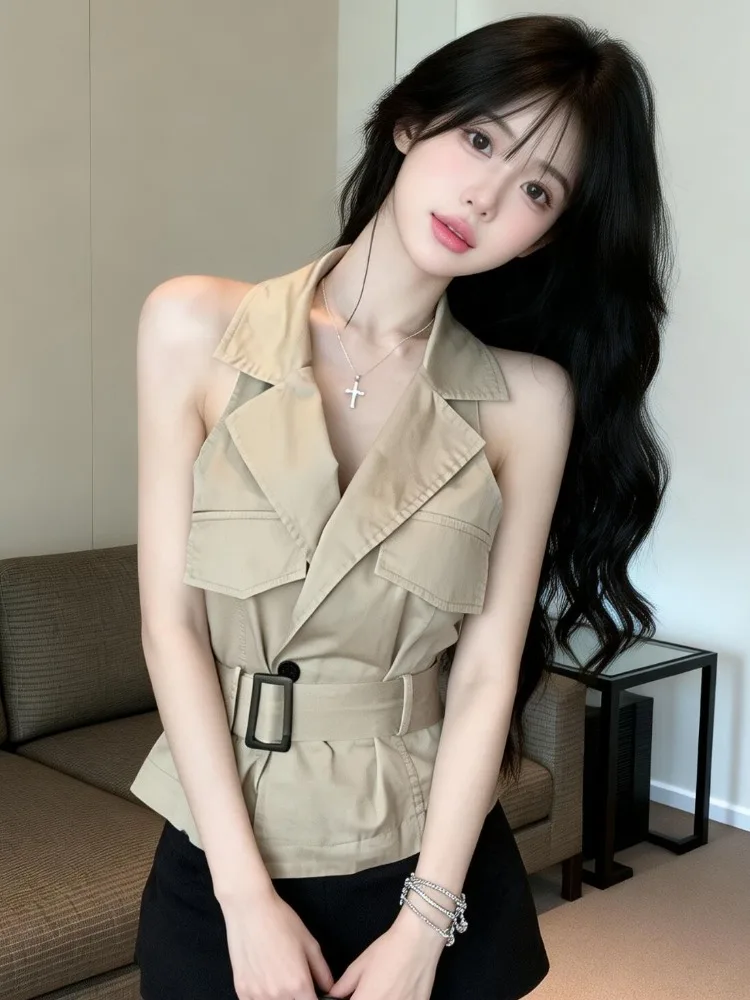 

Slimming Neck Vest Shirt Women's Summer New Style Elegance Top with Belt Double Pocket Design Ladylike Style Citywalk