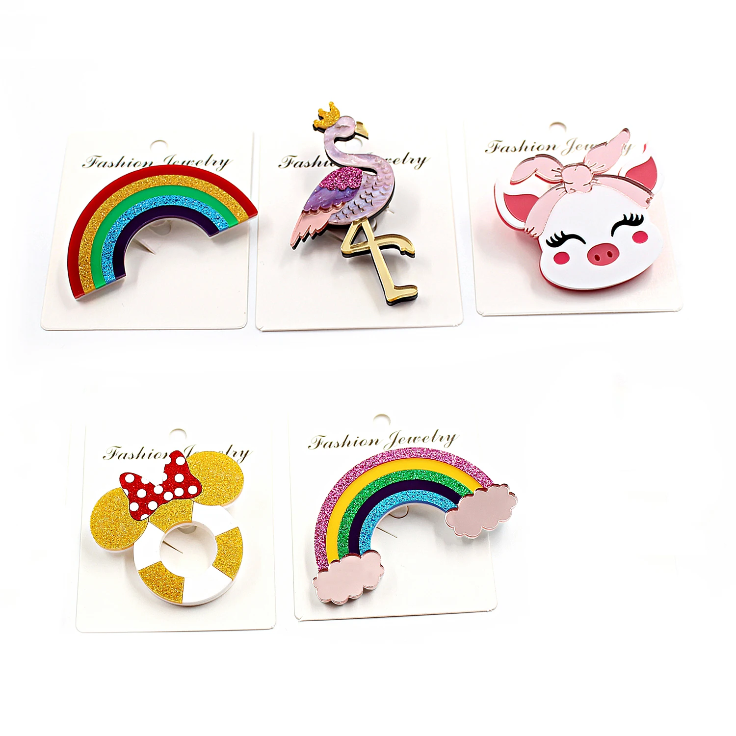 Glitter Rainbow Brooch Safty Pin Unicorn Piggy Mouse Flamingo Acrylic Brooch