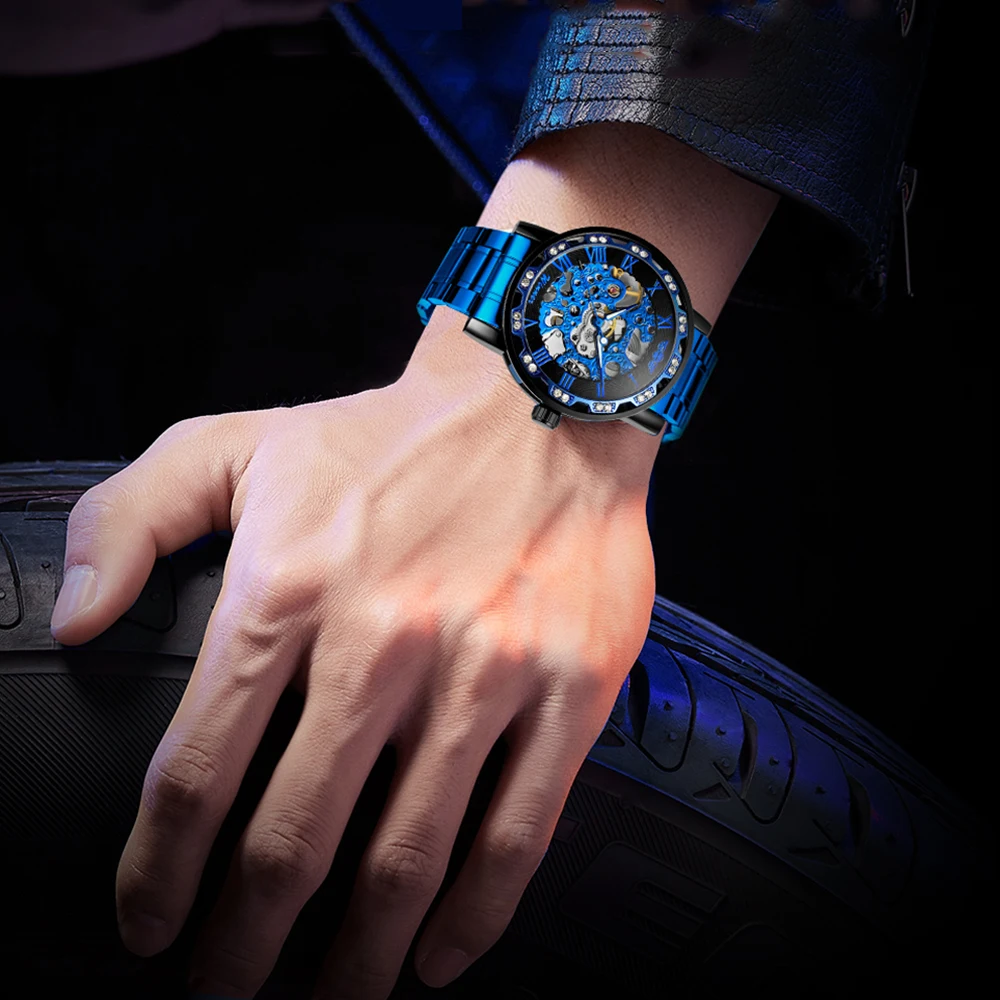 

T-WINNER модные повседневные мужские часы с гравировкой, механические светящиеся указатели со скелетом, роскошные мужские наручные часы со стразами