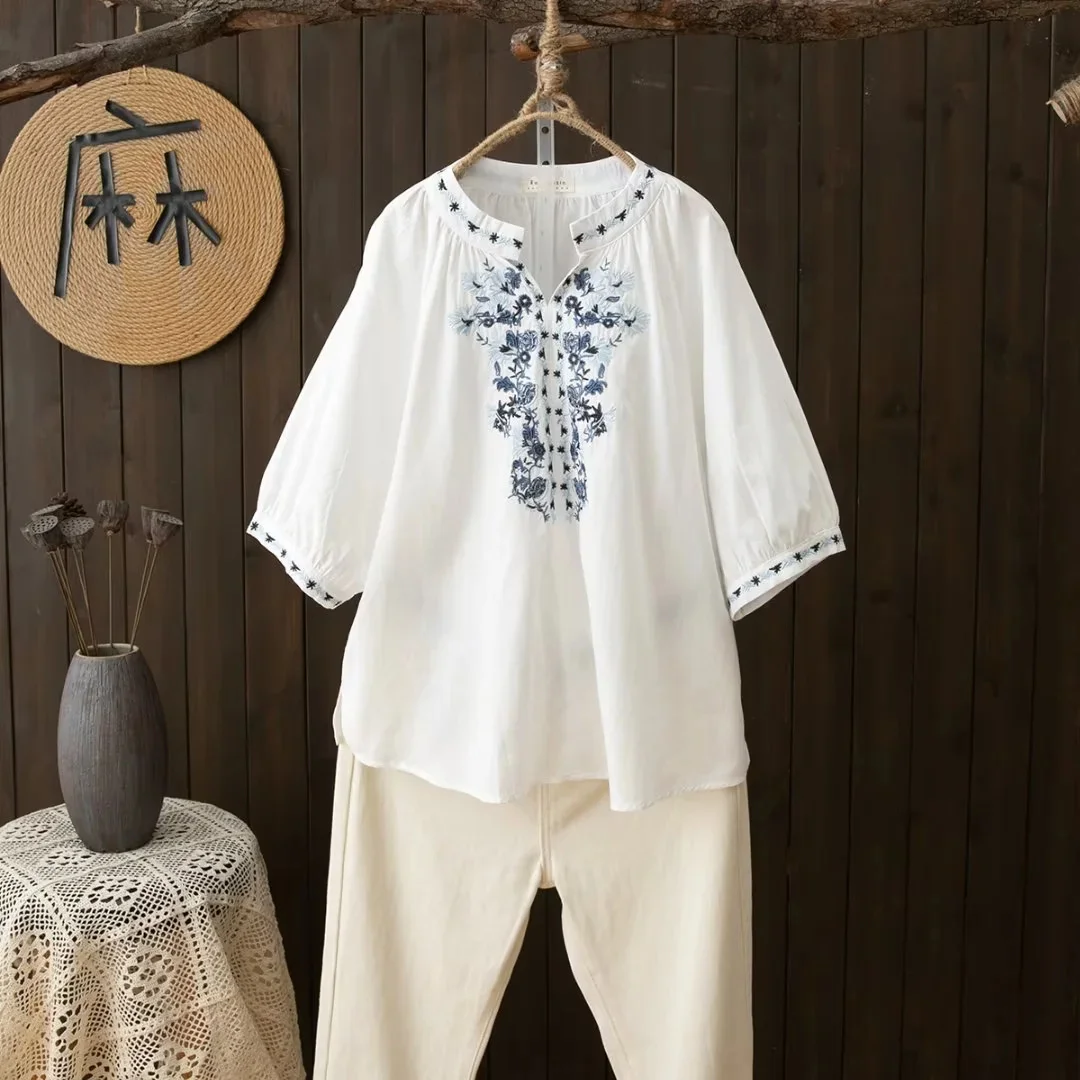 Women Summer Blouse Ethnic Style Retro Literature Loose Embroidered Cotton V Neck Pullover Shirt Large Size Top