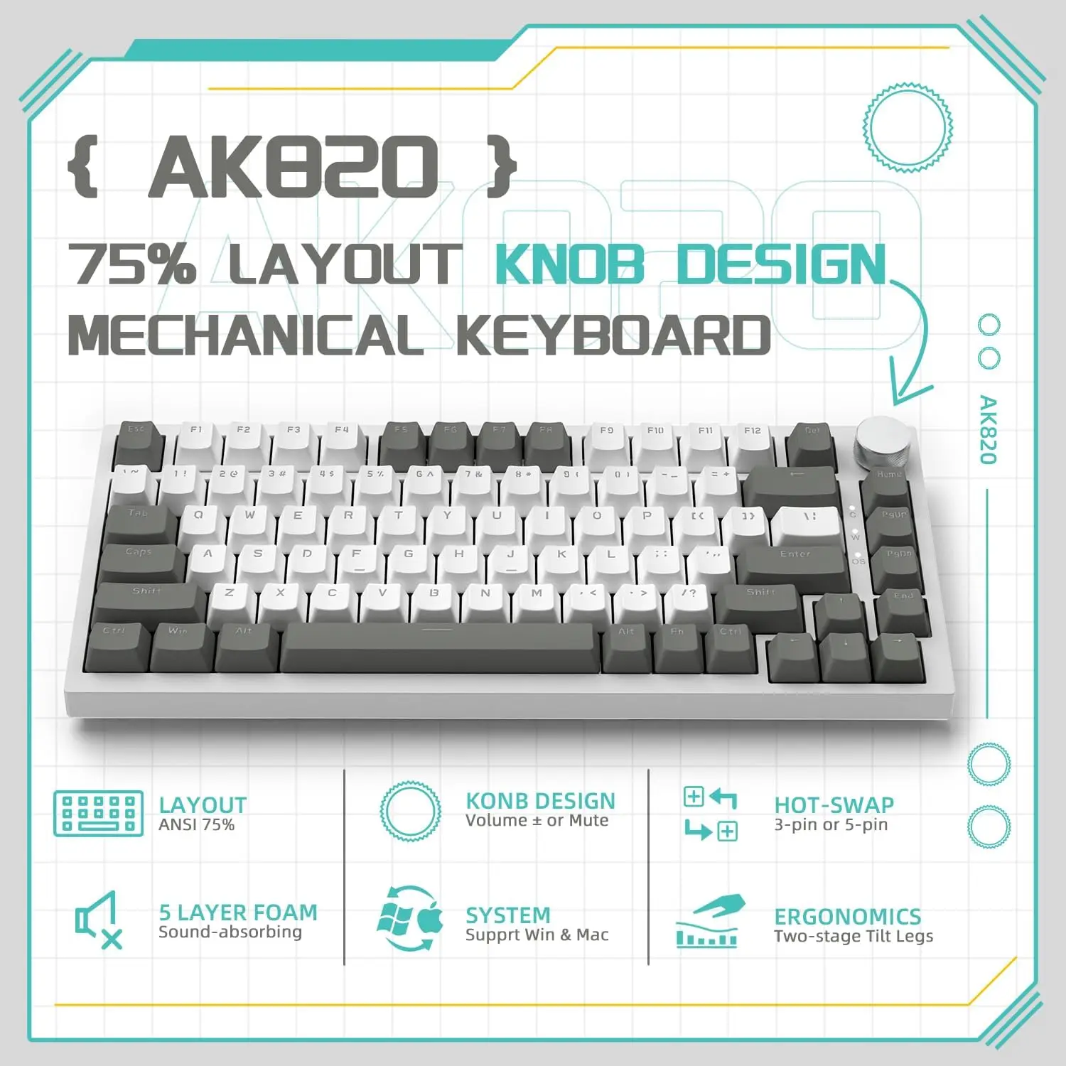 Ajazz AK820 wired gaming mechanical keyboard metal adjustment knob 75% office mechanical keyboard white light DIY
