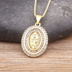 Nidin New Arrival Full Zircon Luxury Gold Color Long Chain Virgin Mary Pendant Necklace For Women Men Charm Catholic Jewelry