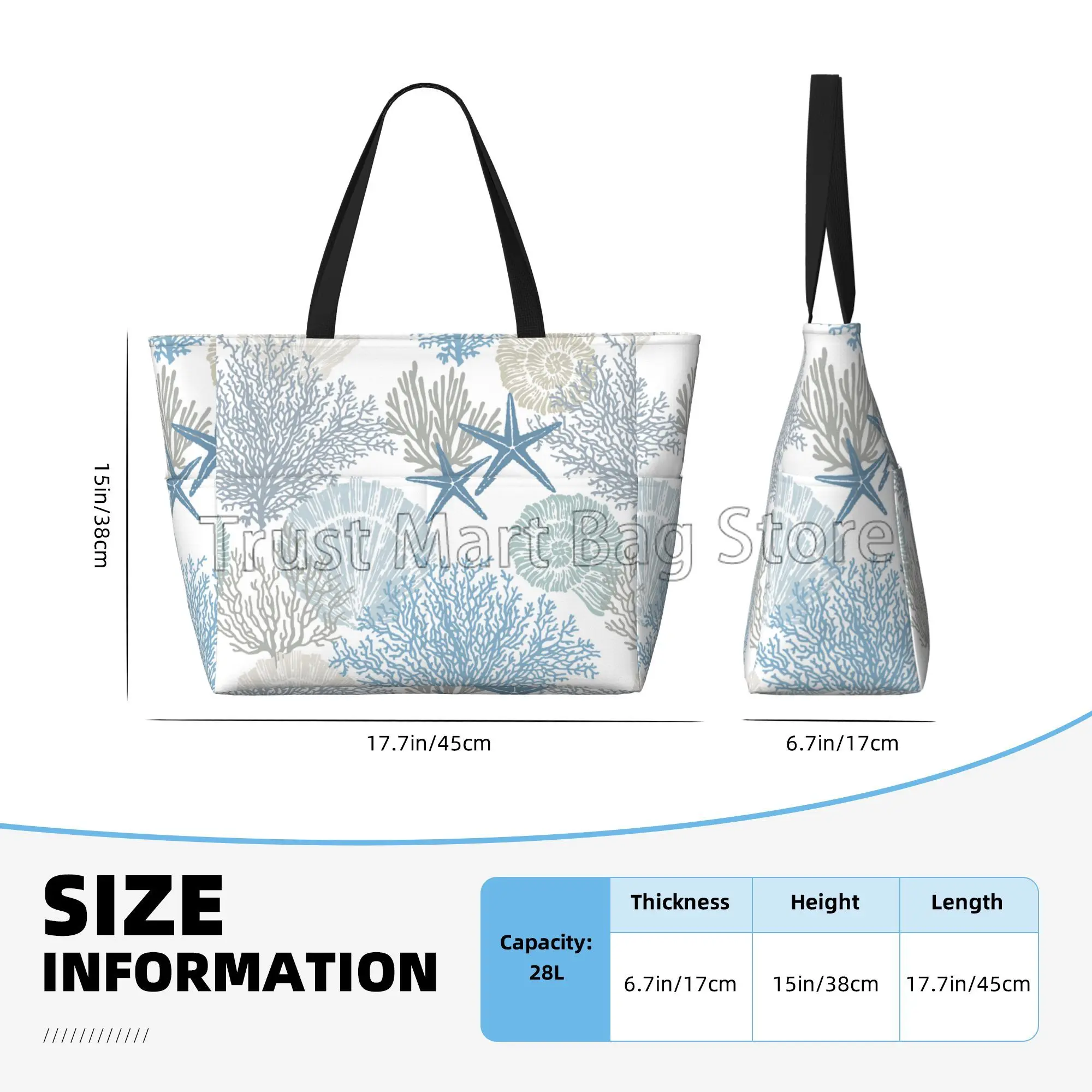 Summer Ocean Themed Seashell Coral Starfish Large Waterproof Beach Bag Women Sandproof Pool Tote Bag for Travel Vacation Swim