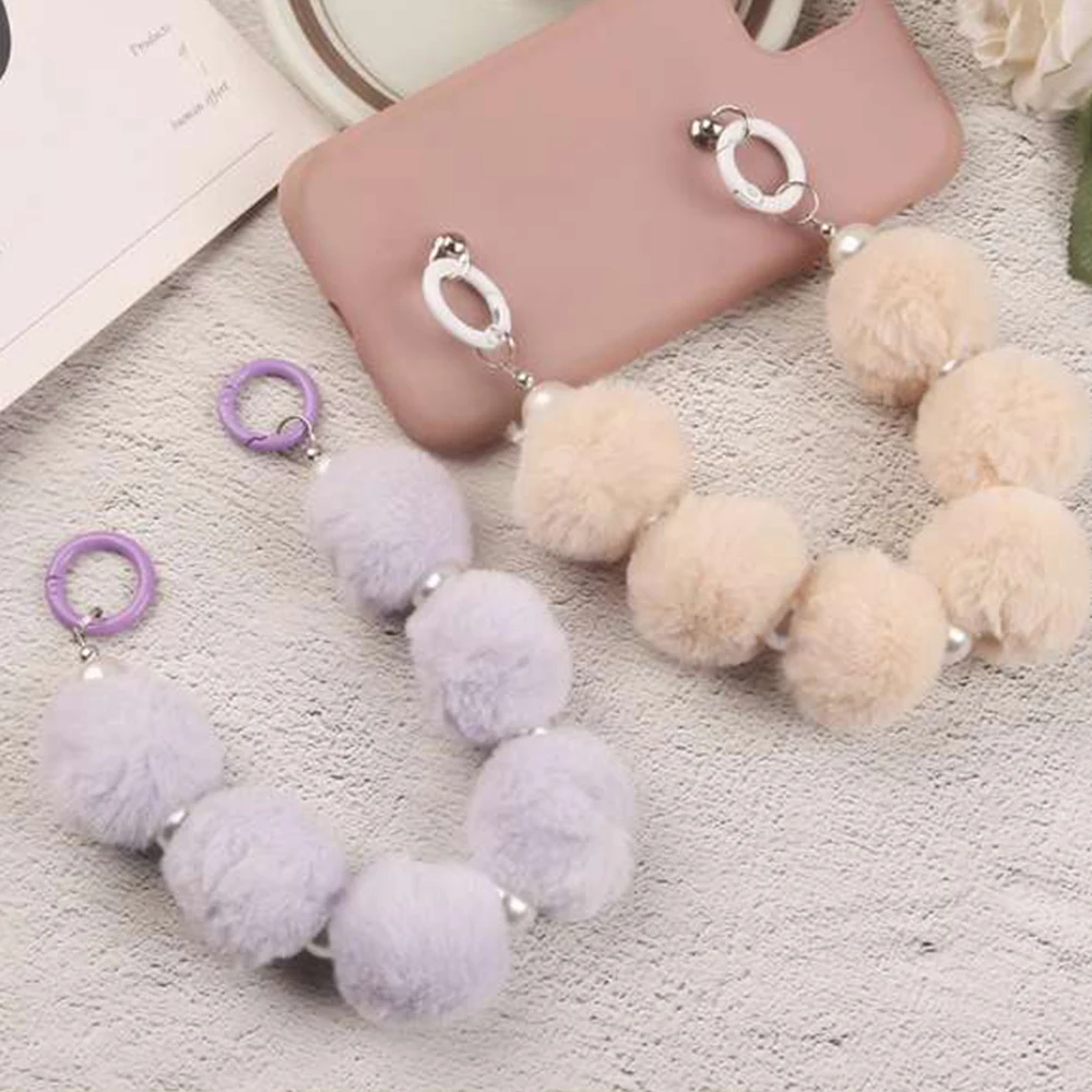 Sweet Plush Colored Ball Chain Fur String Balls Key Chain Phone Case Decoration Bag Pendant With Imitate Pearl Decor Gift