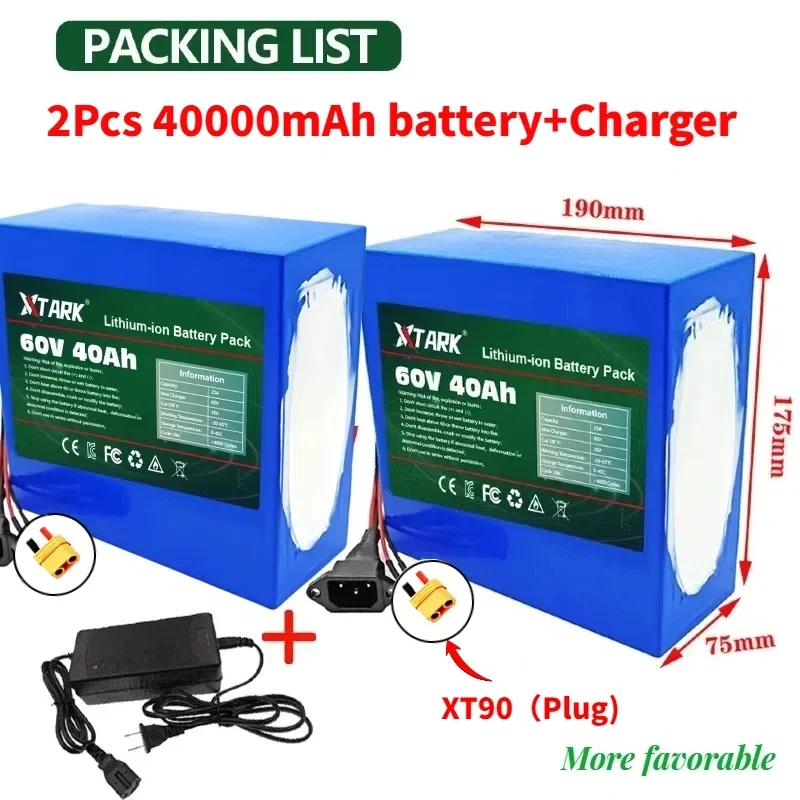 Original 16S4P 40Ah ultra long endurance 60V E-bike motorcycle XT90 plug lithium battery, built-in BMS protection，with charger