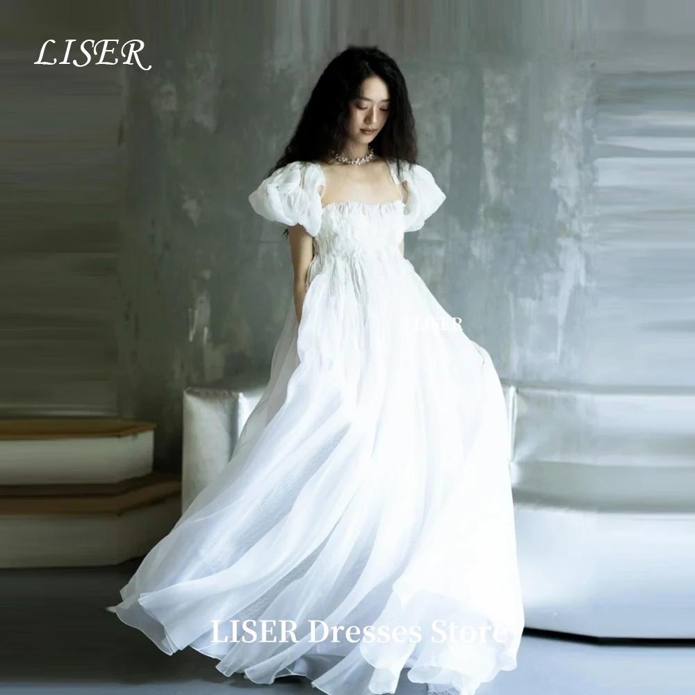 

Liser Square Collar A-Line Korea Wedding Dresses Short Sleeves Organza Long Elegant Bridal Dresses Photo Shoot Customized 웨딩드레스