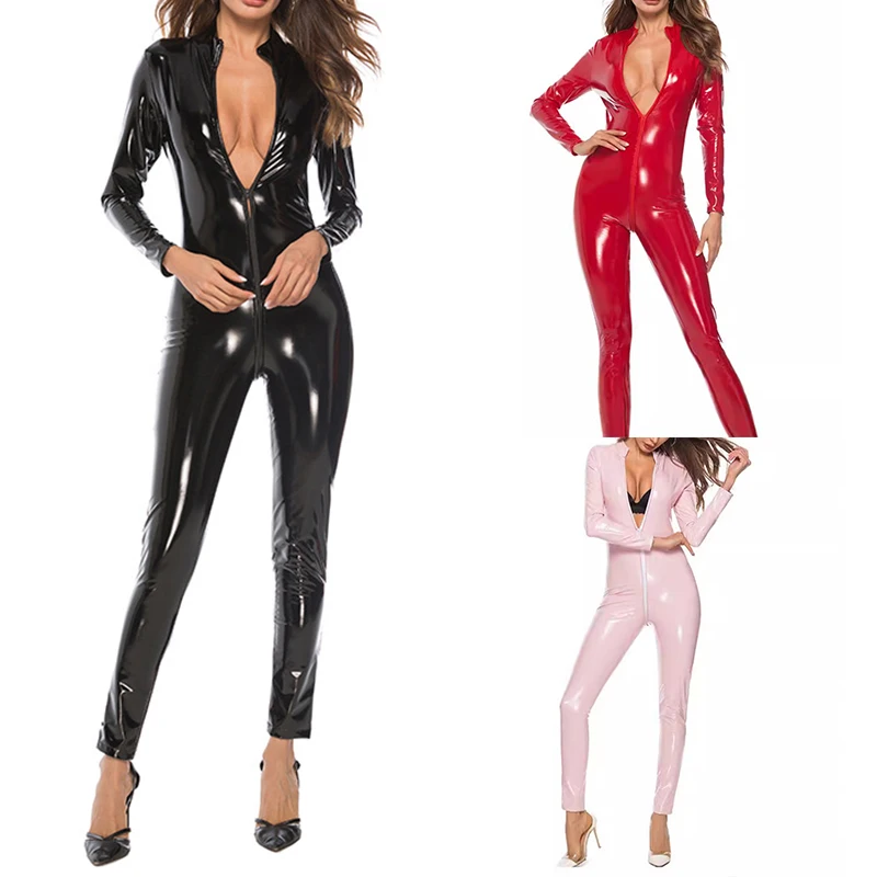 Women Sexy Hot Faux Leather Catsuit Front Zipper Open Crotch Jumpsuit PU Patent Leather Glossy Bodysuit Bar Nightclub Uniforms