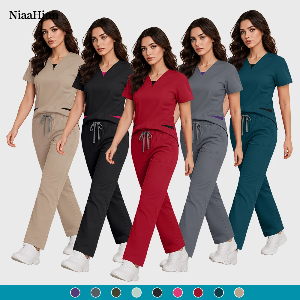 Niaahinn Scrub-Uniformen Dehnbare Tierklinik Medizinische Krankenschwester-Uniform Set Arztkostüm Damen Kurzarm Zahnmedizin Operationsanzüge