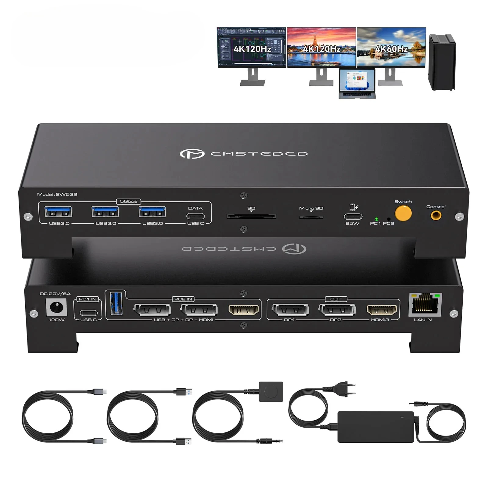 Switch Docking Station 3 Monitors 2 Computers DP 4K@120Hz HDMI 4K@60Hz for Thunderbolt Laptop and PC up to 100W PD Charge