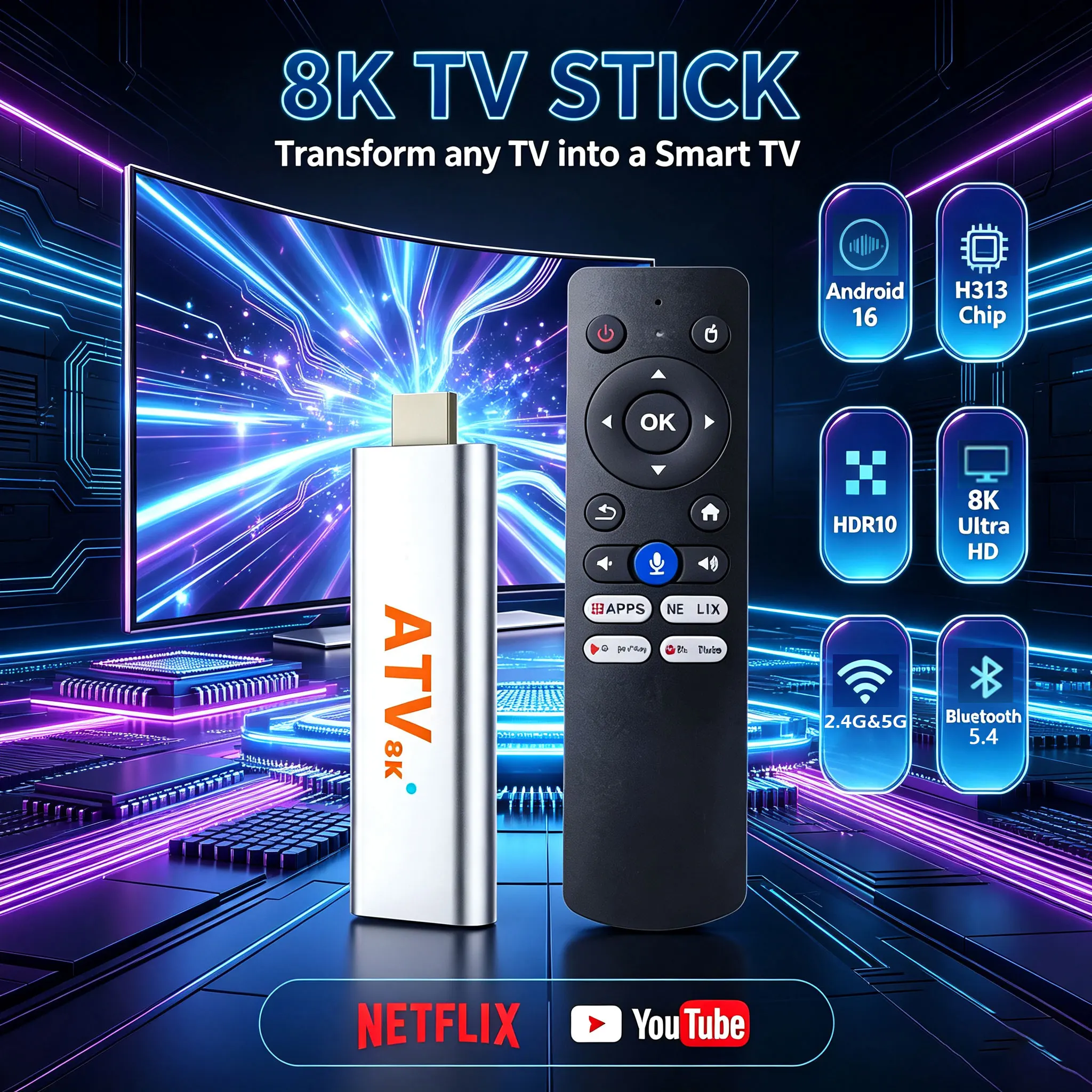Android 16 Q15 TV Stick AllwinnerH313 8K Video Wifi Bluetooth Voice Media Player ROM 32GB 64GB 128GB Streaming Smart Media Playe
