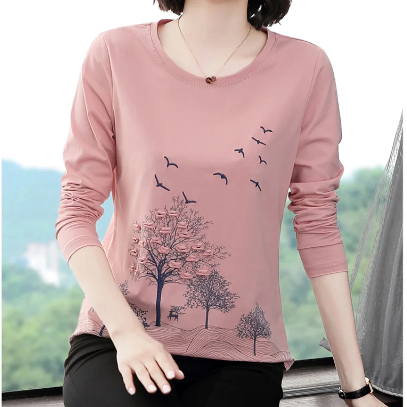 Spring and Autumn Women\'s Style Crew Neck Long Sleeve Loose Plus Size Pullovers Printed Embroidery Fashion Casual Tops