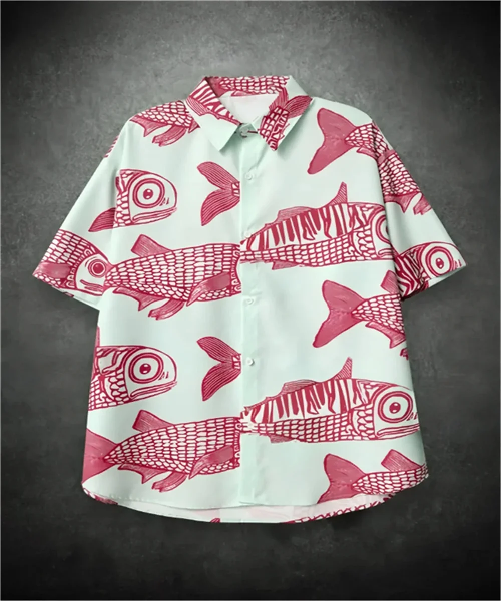 2025 new street style fashion fish 3D printing new personality men's summer casual shirt four-sided stretch short-sleeved shirt