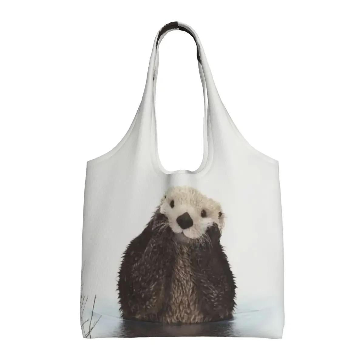 Reusable Sea Otter Shopping Bag Women Canvas Shoulder Tote Bag Portable Pet Animal Groceries Shopper Bags Photography Handbag