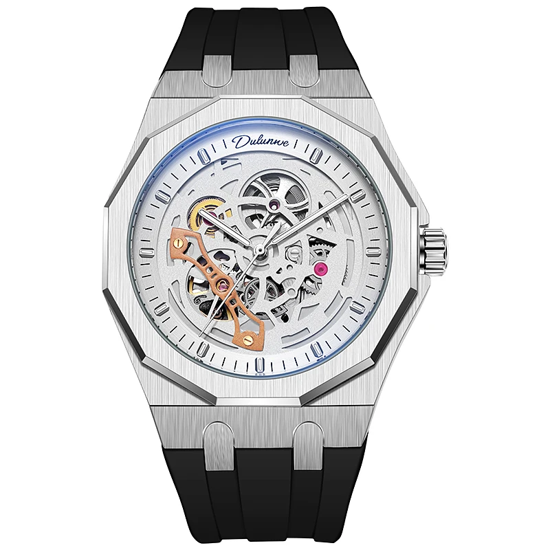 

Dulunwe, черные, полностью автоматические мужские механические часы, водонепроницаемые, с квадратным полым циферблатом, светящимися стрелками, Reloj Hombre 6030