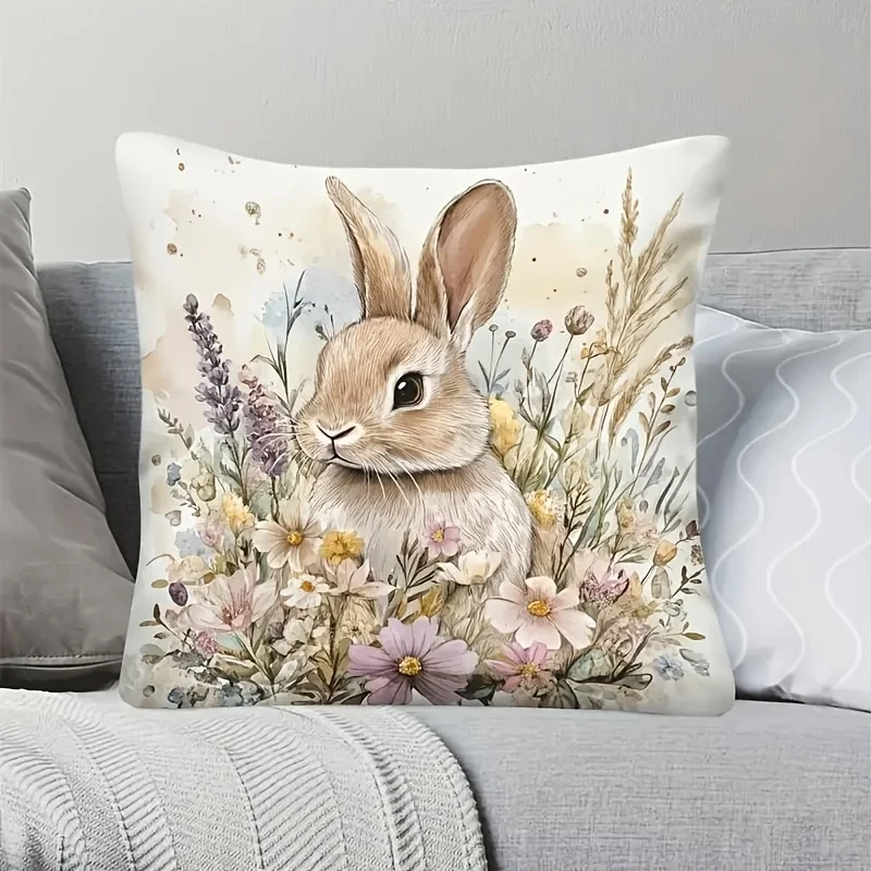 VIKAMA Watercolor Wildflower Bunny Pillow Covers Cozy Farmhouse Cushion Covers Gentle Living Room Decor Pillow Cases Home Decor
