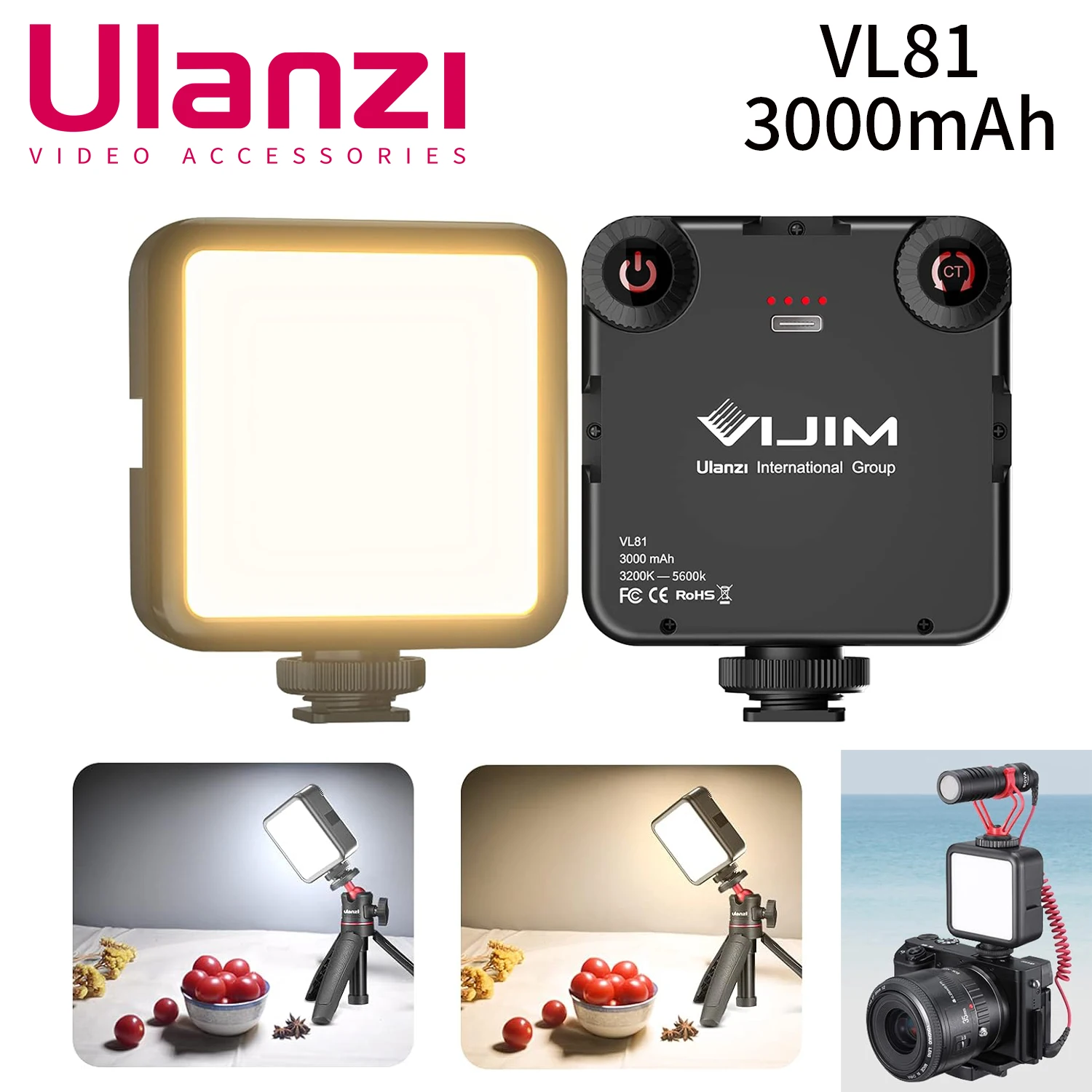 Ulanzi VL81 LED Video Light On Camera Light with 3 Cold Shoe Rechargeable 3000mAh Battery Bicolor Dimmable 3200K-5600K CRI95+