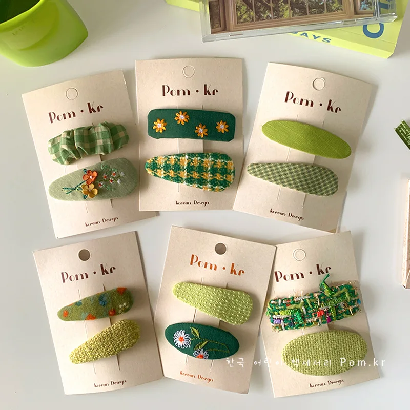 2pcs New Green Handmade Embroidered Fabric Flower Hair Clip for Girls Cute College Girl Plaid Hairpin Fashion Hair Accessories