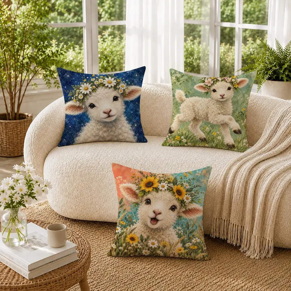 Baby Lamb Daisy Crown Cushion Cover Soft Short Plush Pillow Cases Hidden Zipper Cutecore Sofa Bedroom Home Decor Gift