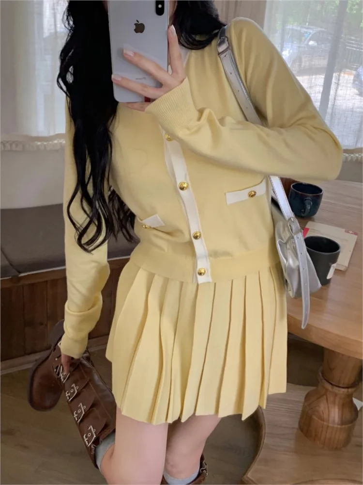 Korean Fashion Knitted Two-piece Skirt Set Women Single Breasted O-neck Top Pleated Mini Skirt Autumn Elegant Outfits Knitwear