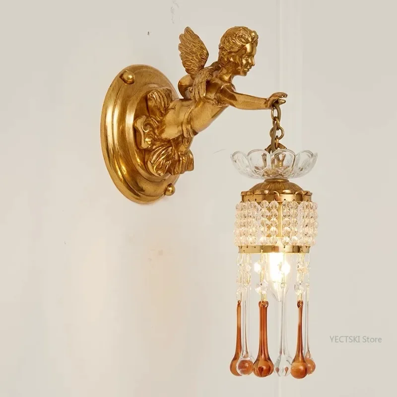 

GHJUYIOL French wall lamp, European luxury crystal wall lamp, living room bedroom bedside lamp, villa angel classical lamp