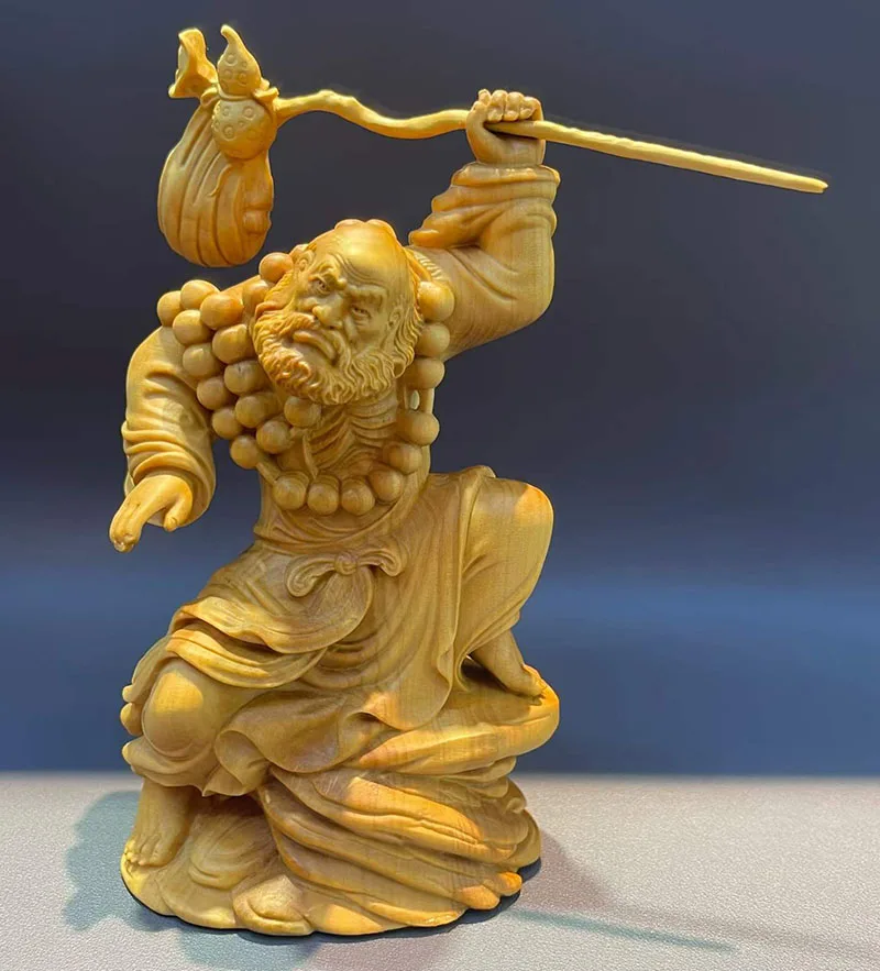 Q5099 - 15 x 13 x 6 Boxwood Carved Figurine - Damo Kongfu Monk