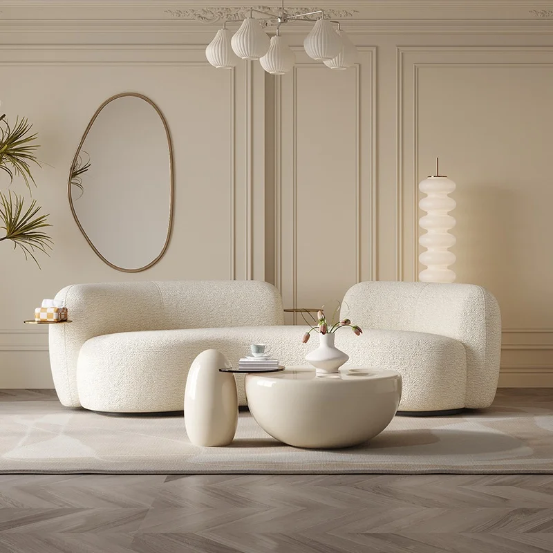 &c Curved fabric multi-person sofa with a unique garlic-shaped design. Made of wool. White color style. Pod-shaped design.