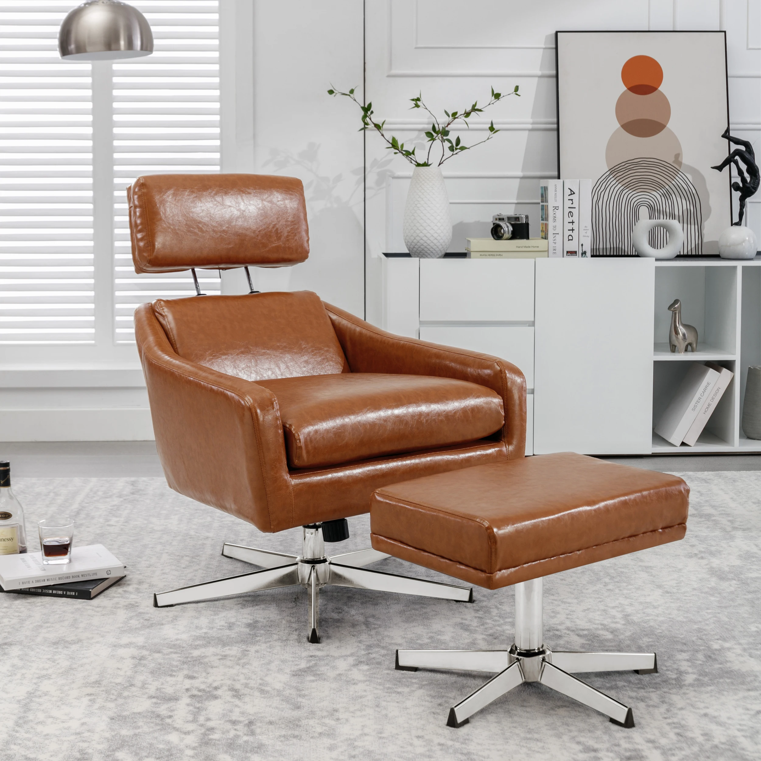 [Flash Sale]PU Leather Swivel Armchair with Ottoman for Living Room Bedroom Office[US-W]