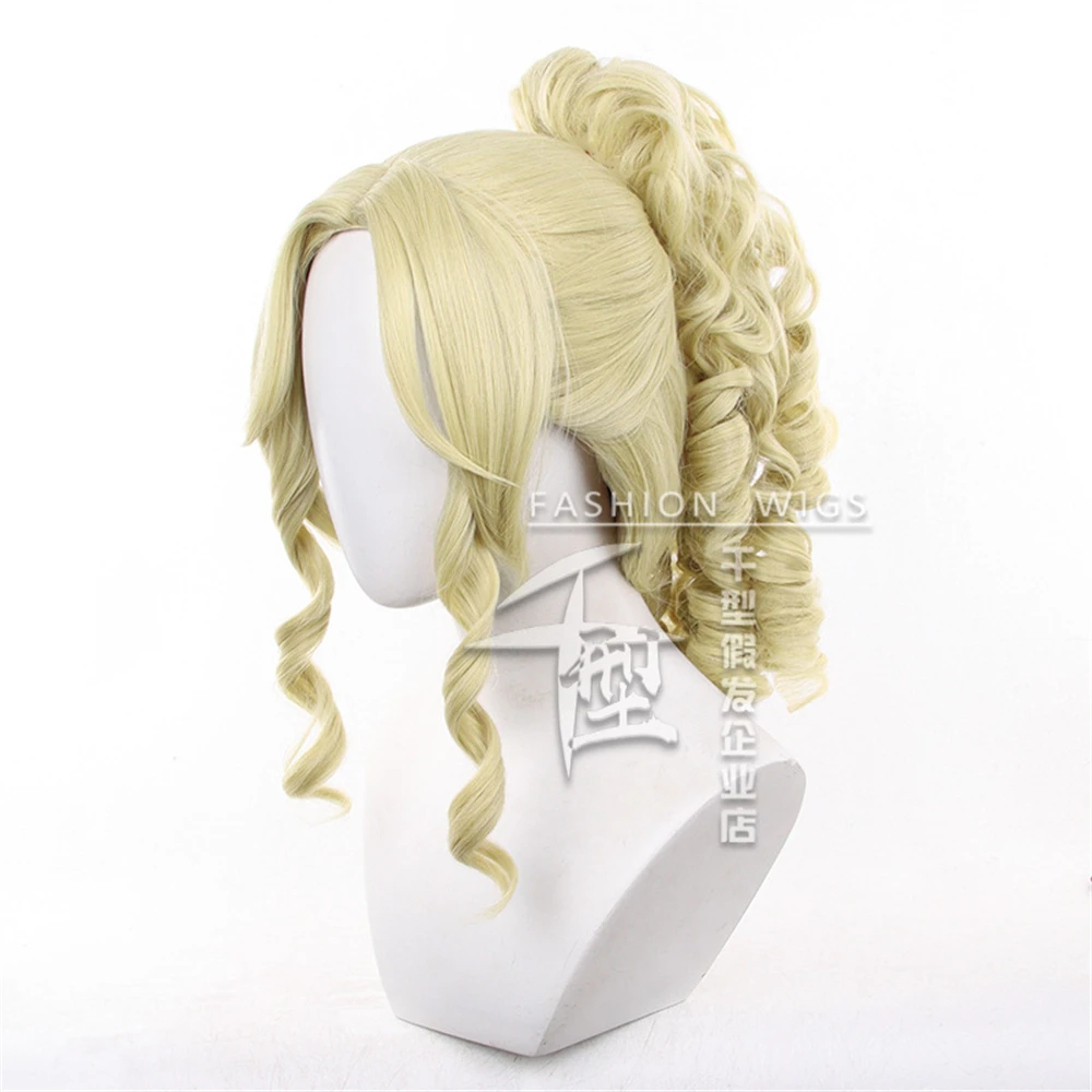 アニメアイデンティティ V コスプレジャーナリストアリス DeRoss コスプレウィッグ 40 センチメートルブロンドかつらとカーリーポニーテール耐性人工毛