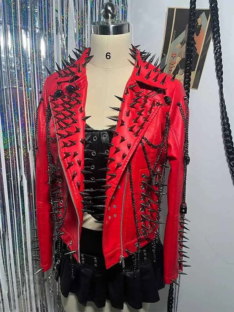 

Gothic Spike Studded Rivet Goth E-Girls Coat Harajuku Chain Zipper Emo Punk Rock Club Wear Grunge Y2K Pu leather Jacket