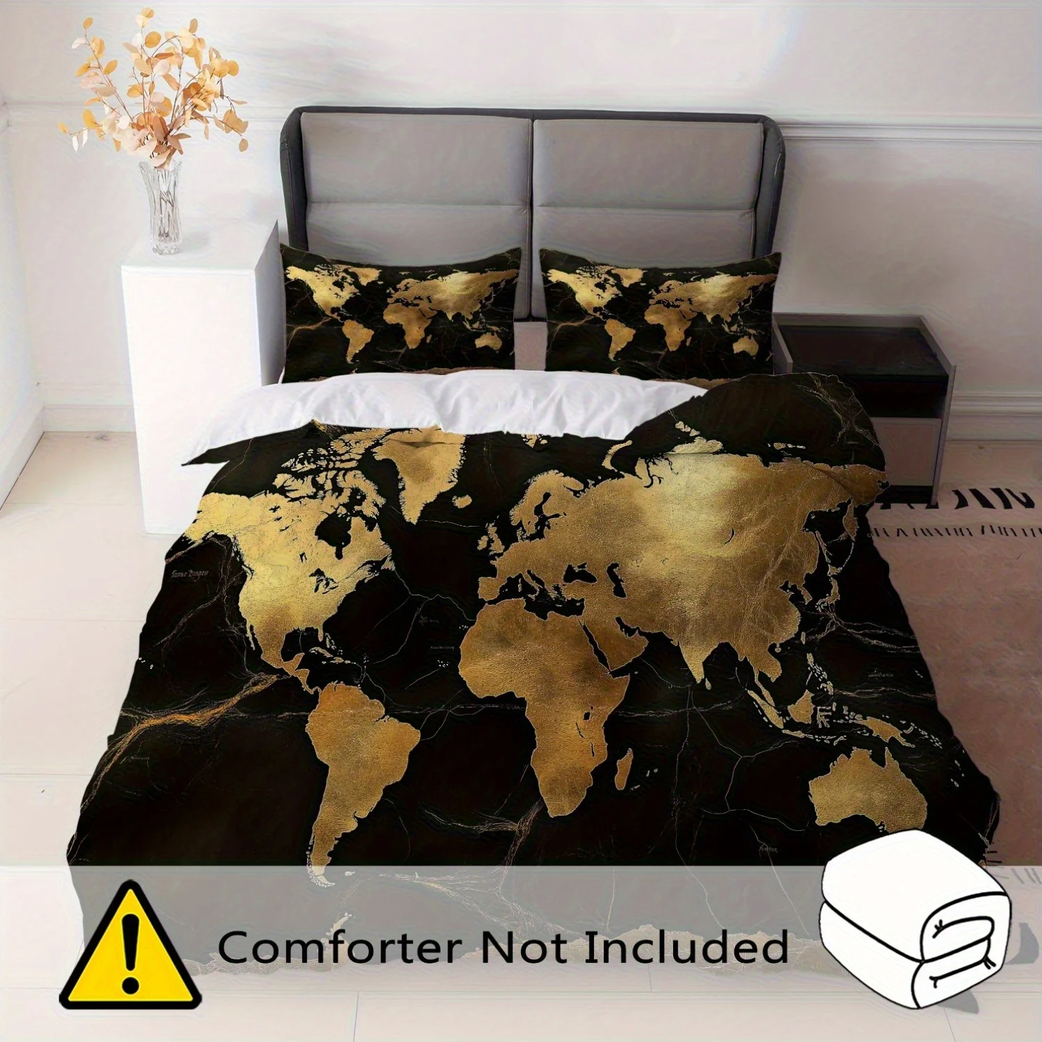 3Pcs Black Golden World Map Duvet Cover Set, Luxury Polyester Bedding with Pillowcases, Zipper Closure All Season for Modern Bed view 2