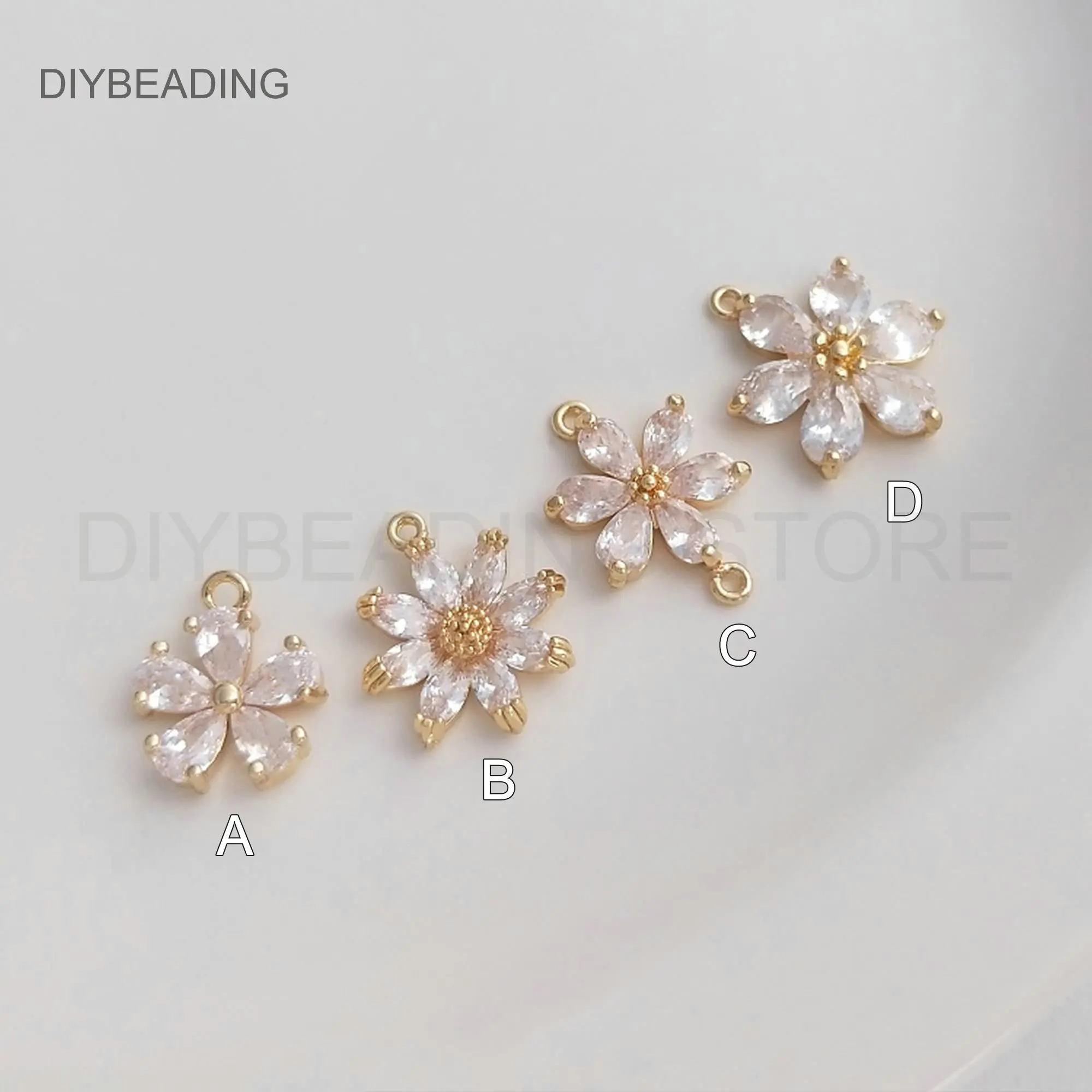 

Flower Charms for Earring Making Supply 14K Real Gold Plated Brass and Clear CZ Charming Finding Online Bulk Wholesale(4 Style)