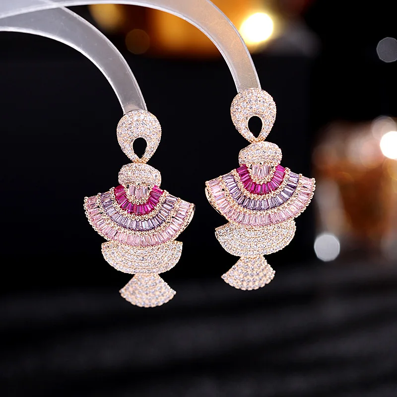 

European and American Heavy Craft Colorful Zircon Small Skirt Round Face Slimming Earrings Three-Dimensional Gradient P