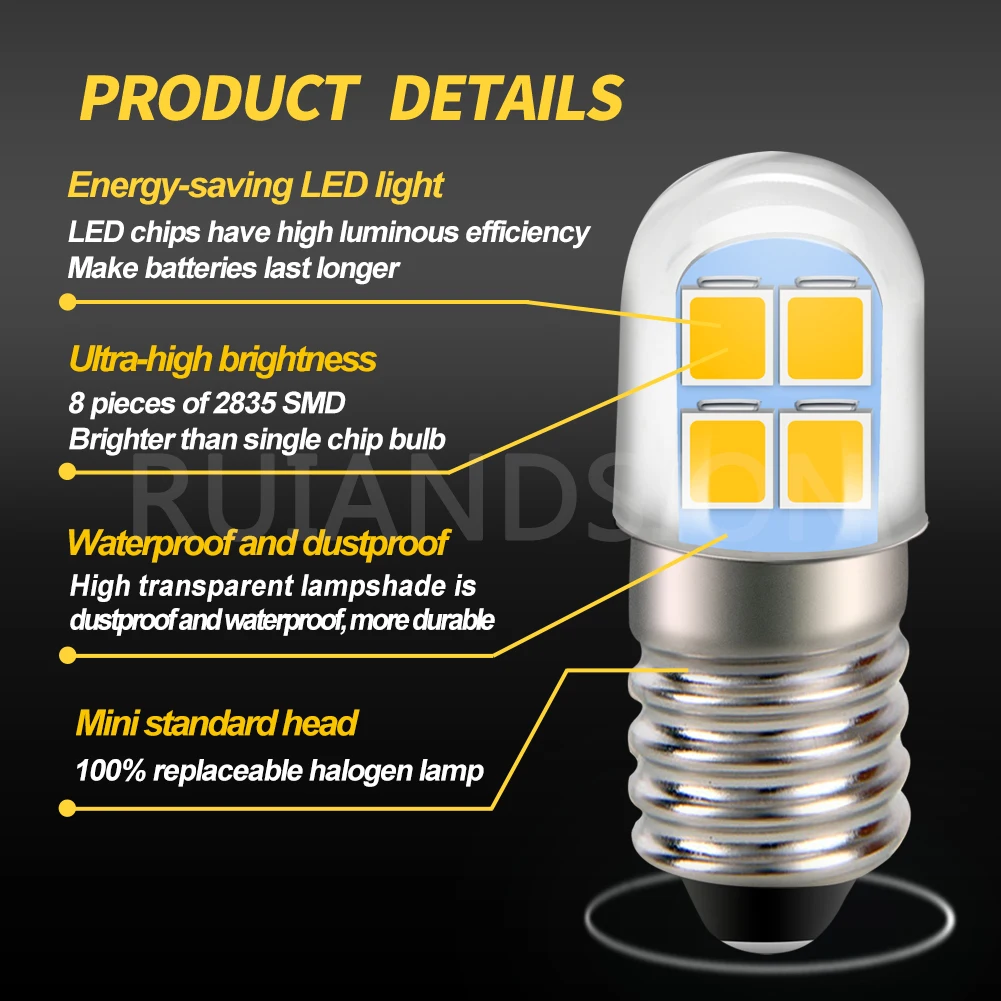 RUIANDSION E10 Bohlam LED 4-6V Basis Sekrup 2835 SMD Putih Hangat Pengganti Lampu Indikator Speedometer Motor Upgrade