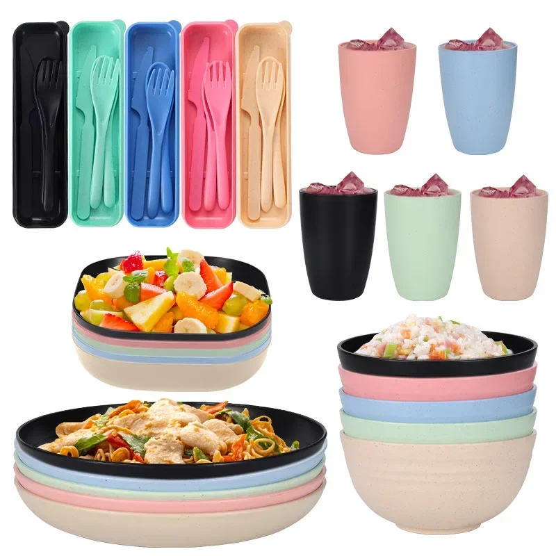 Wheat Straw Tableware Set Knife Fork Spoon Bowl Plate Set Outdoor Portable Cultery Set 4 People Cutlery