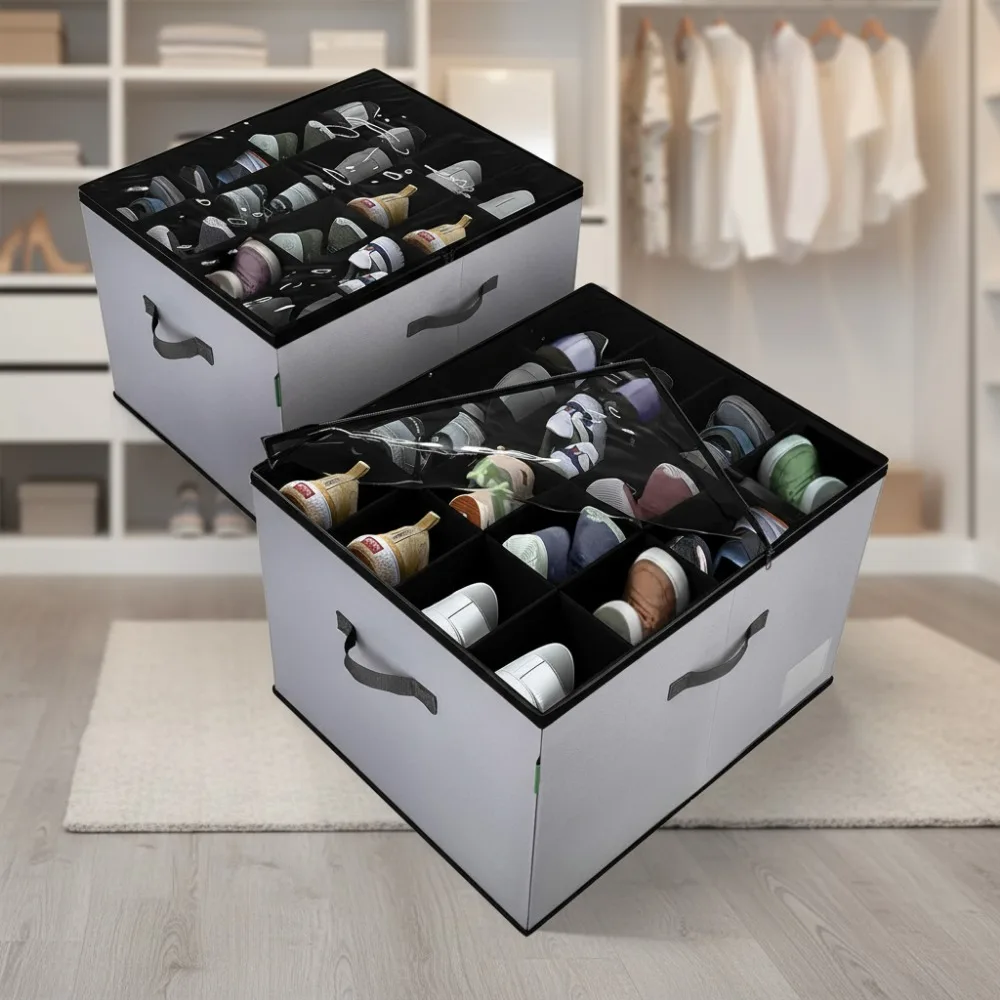 

Foldable Fabric Shoe Storage Box, 2-Pack with Clear Cover, Holds 32 Pairs, Gray Organizer for Closet
