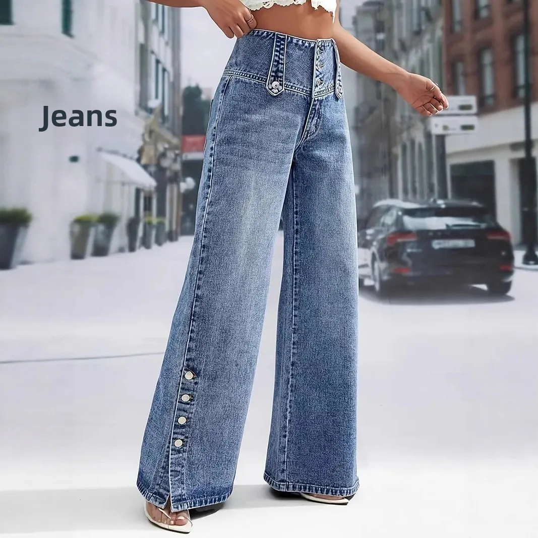 Pantalones vaqueros de pierna ancha con puños y botones de cintura alta para mujer, ropa de calle Vintage de nuevo estilo de otoño, pantalones largos de mezcla de algodón y poliéster