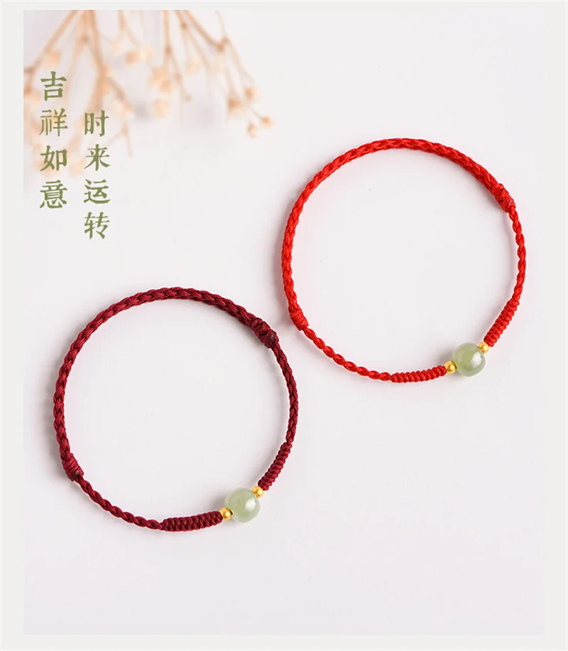 Handgemachte Größe anpassen Jade Perlen rot/schwarz Seil gewebt Liebhaber Armbänder Frauen Männer Glück Armband Schmuck – Detail 3