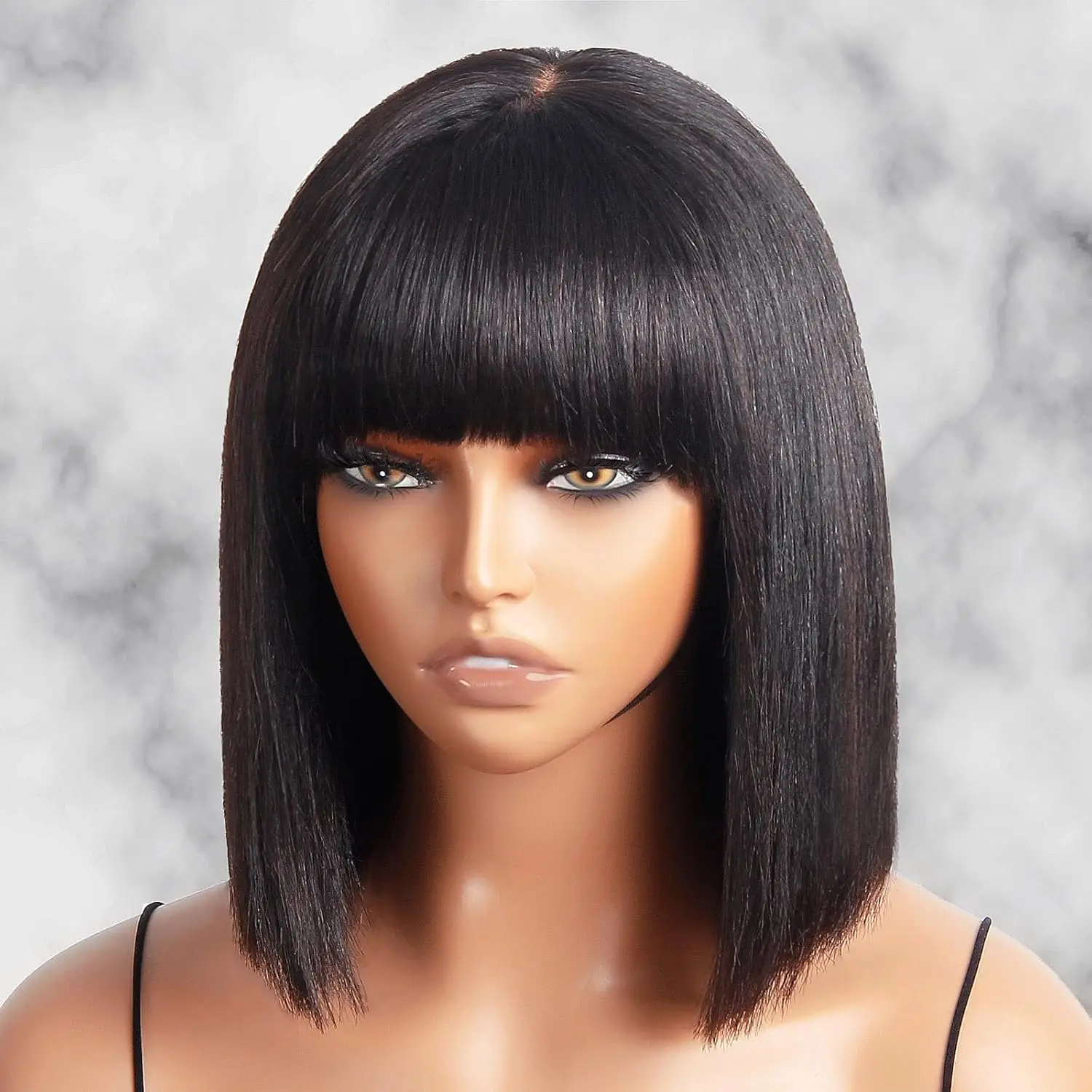 Realista Yaki Straight Bob com Franja, Minimalista 3x1 Lace Wig, Destaque Marrom Preto, Coloque e Vá, 100% Cabelo Humano