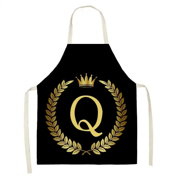 Black Gold Crown Letter Letter Print Kitchen Apron Women Mens Cotton Linen Apron Cooking Home Cleaning Bib