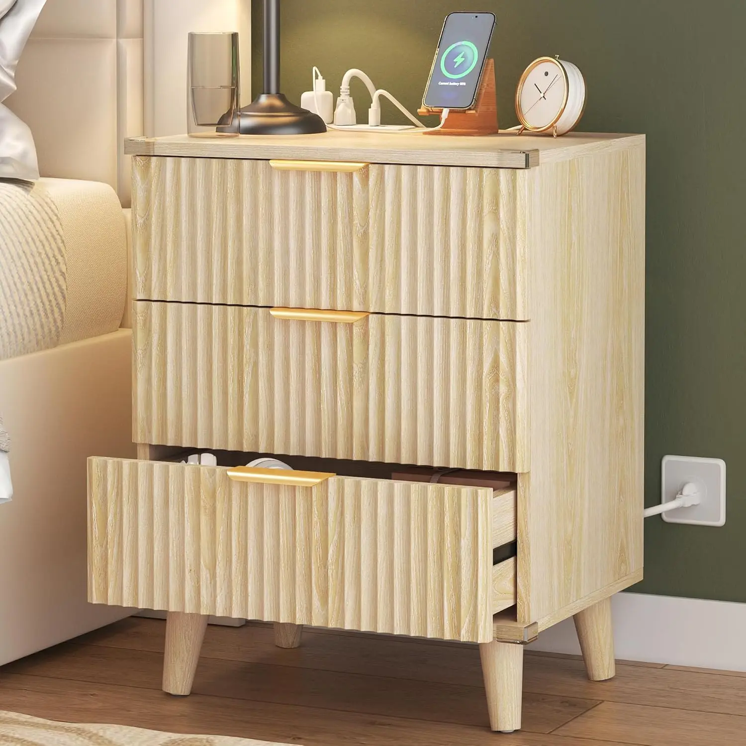 

Wood 3 Drawers Dresser Fluted Night Stand with Charging Station, Storage Nightstand Modern Side Table, Bedside, Customized