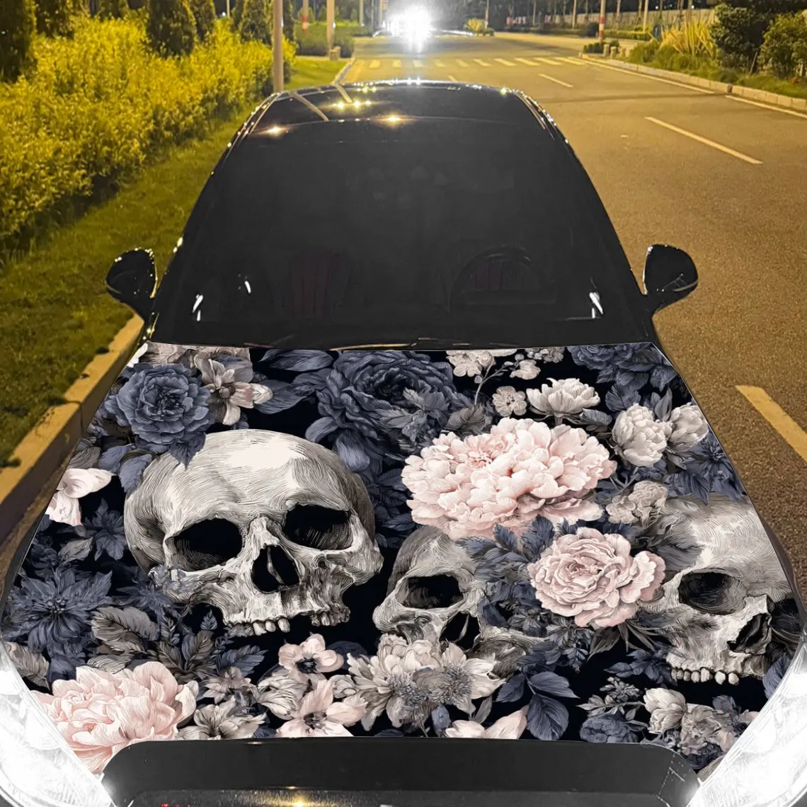 Flower - Clustered Skulls Car Vinyl Wrap, PVC Material Waterproof Car Hood Sticker, Self-Adhesive Scratch-Resistant Stickers for